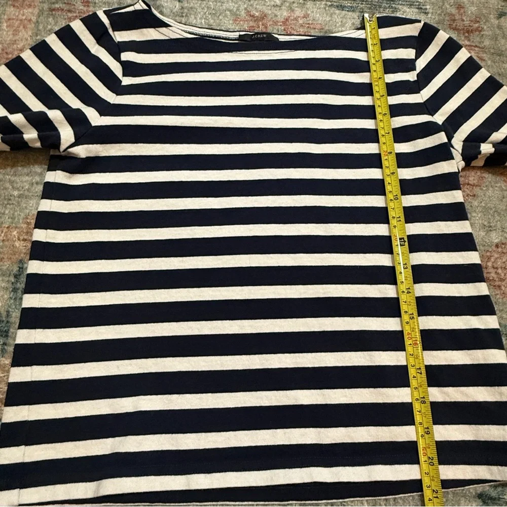 J Crew Navy and White Striped Mariner Fabric Boat Neck Top